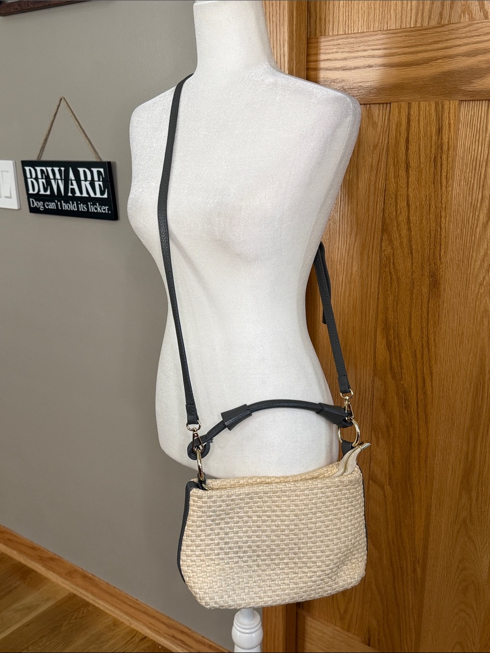 Valentina Fiore Woven Straw Crossbody with Black Trim and Adjustable Strap